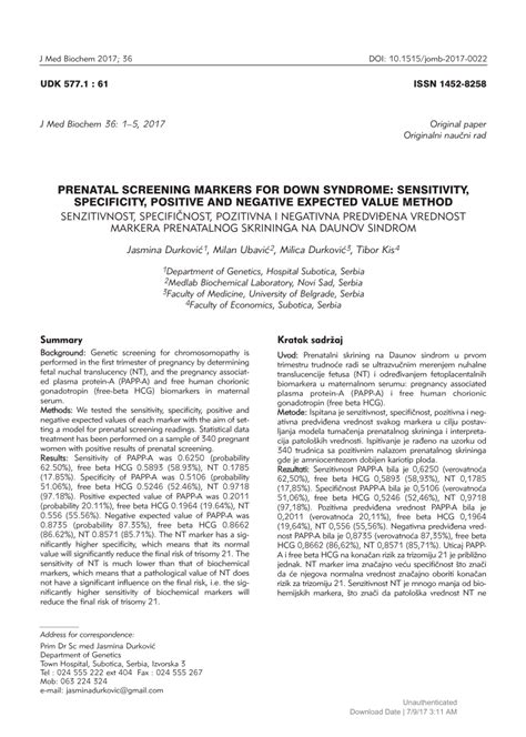 Prenatal Screening Markers for Down Syndrome: Sensitivity, Specificity.